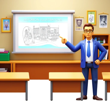 An illustration tutor standing in a classroom, pointing at a projector screen. The projector displays "historical illustrations from various eras." The tutor is wearing glasses and has a thoughtful expression. The classroom has wooden desks and shelves lined with art supplies. There are posters of famous illustrations on the walls. The lighting is soft and inviting.