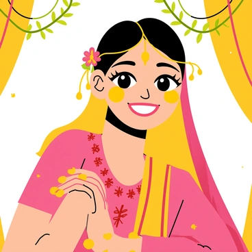 A bride wearing a colorful traditional outfit with intricate embroidery is smiling broadly. Her cheeks are adorned with bright yellow turmeric paste, highlighting her joyful expression. The background features decorative floral garlands and vibrant fabrics, contributing to the festive atmosphere. Her hair is styled elegantly, with delicate accessories woven in. The overall scene radiates warmth and happiness, capturing the essence of the haldi ceremony.