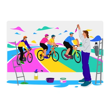 An artist stands in front of a large gym wall, actively painting an abstract mural that features multiple cyclists on stationary bikes. The mural showcases vibrant colors with dynamic shapes and lines that represent movement and energy. Each cyclist is represented in a stylized manner, with exaggerated features and bright hues, capturing the essence of cycling. The background of the mural consists of swirling patterns and splashes of color, creating a sense of motion. The artist, equipped with a variety of brushes and paint pots, is focused intently on adding intricate details to the cyclists’ forms. A ladder leans against the wall, and paint splatters decorate the floor beneath the mural.