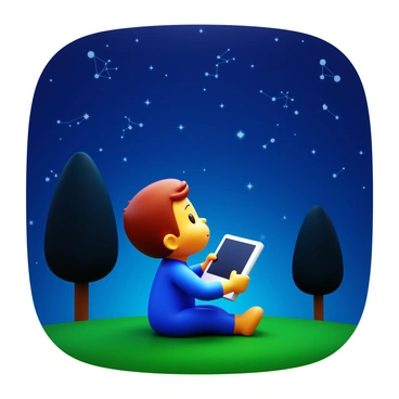 An illustration of a child using a tablet to stargaze in the backyard at night