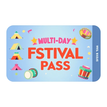 A multi-day festival pass features a bright blue background adorned with vibrant patterns. The pass showcases colorful icons including a series of tents in shades of red, yellow, and green, arranged along the left side. On the right side, various drums in multiple colors are displayed, each with intricate details. The text "Multi-Day Festival Pass" is prominently featured in bold, playful typography at the center, surrounded by smaller festive icons such as music notes and confetti.