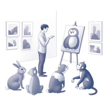 An artist presenting their work to an audience of animals, each misunderstanding the art in silly ways.