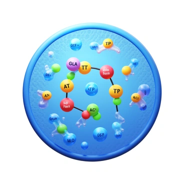 A close-up view of several "ATP molecules" being generated within a cellular environment. The scene includes "glycolysis pathway" representations with various intermediate metabolites, such as "glucose" and "pyruvate." There are enzyme complexes depicted, facilitating the conversion processes, and energy bubbles depicted emanating from the ATP molecules to symbolize energy release. The background features a textured cellular membrane to enhance the biological context of the process.