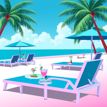 A vibrant tropical beach resort scene featuring a wide, sandy shoreline lined with tall palm trees swaying gently in the breeze. The sky is a bright blue, dotted with fluffy white clouds. Lounge chairs are scattered across the beach, each with a colorful cocktail resting on small side tables. The cocktails are elaborate, with garnishes like fruit slices and umbrellas, evoking a lively atmosphere. In the background, there are bright beach umbrellas providing shade for beachgoers enjoying the sun. The overall scene captures the essence of a sunny day at a resort, filled with warmth and relaxation.