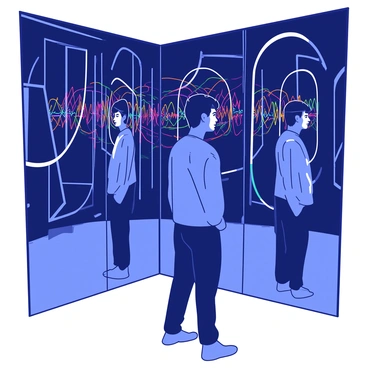 A person stands in a room filled with numerous mirrors, each reflecting their image from different angles. The mirrors are arranged in a way that creates an illusion of infinite reflections. The person has a contemplative expression, surrounded by a soft glow that hints at the concept of sound waves. Surrounding the mirrors are faint, colorful lines emanating from the person's mouth, representing their voice. These lines interact with the mirrors, creating a visual metaphor for an echo chamber. The room is dimly lit, emphasizing the reflections and the vibrant lines emerging from the person's speech.