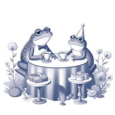 A frog and a toad sitting at a small round table covered with a lace tablecloth. The frog is wearing a tiny bow tie, while the toad has a small party hat on its head. Both are holding delicate teacups made of fine porcelain. Surrounding the table are various pastries arranged on elegant stands, including small tarts and cookies. The scene is set in a lush garden filled with greenery, with flowers blooming around the table, creating a vibrant atmosphere of a cheerful tea party.