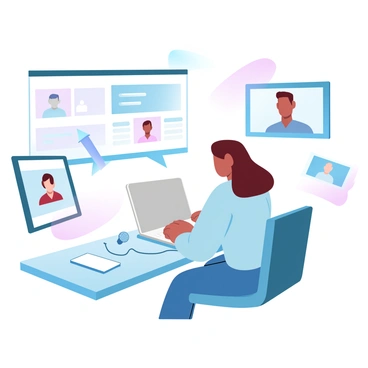 A webinar host is sitting at a modern desk, surrounded by multiple computer screens displaying various content. The host is focused on a laptop in front of them, while larger screens to the sides showcase presentation slides and participant videos. Tablets and smartphones are placed nearby, indicating active engagement with different platforms. The room is illuminated with soft lighting, creating a professional atmosphere. Cables are neatly organized, and a microphone is positioned in front of the host, emphasizing the technical setup for the webinar.