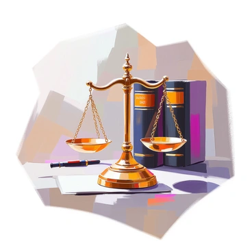 The classic "scales of justice," perfectly balanced, sit centrally in the composition. The scales are made of polished brass, gleaming under soft light, with a finely detailed design on the base. In the background, a row of "law books" with dark leather covers can be seen, their spines labeled with gold lettering. The books are arranged neatly on shelves, creating a sense of depth and context. The overall setting conveys a serious and authoritative atmosphere, emphasizing the theme of justice and law.