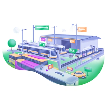 A modern pastel illustration depicting a public transport hub. In the center, there is a large bus terminal with several colorful buses parked, ready for passengers. Adjacent to it, a train station features a sleek train on the tracks, with passengers boarding and alighting. A designated taxi area shows various taxis waiting for customers, each with distinct colors and markings. Surrounding the hub are signs indicating directions to different transport connections, and people of diverse backgrounds are seen interacting with the facilities. Trees and benches are strategically placed throughout the area, adding to the lively atmosphere.