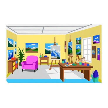 A spacious garage converted into an art studio filled with vibrant colors. Several easels are arranged around the room, showcasing various canvases with abstract and landscape paintings displayed on them. The walls are adorned with more artwork, featuring different styles and techniques. Bright natural light streams through a window, illuminating a wooden table cluttered with paintbrushes, tubes of paint, and a palette. In one corner, a comfortable chair sits beside a small bookshelf filled with art books and supplies.