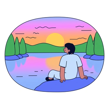 A person sitting on a smooth rock by a calm lake. The water reflects the vibrant colors of the sunset, with shades of orange, pink, and purple in the sky. The person has dark hair and is wearing a simple light blue shirt. They are looking out over the lake with a peaceful expression. Surrounding the lake are lush green trees, and a few gentle ripples can be seen on the water's surface.