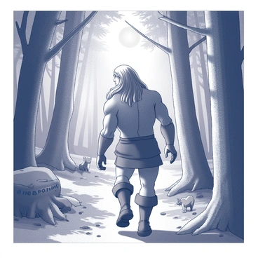 A tall, muscular figure with long, flowing hair, dressed in simple yet rugged clothing, is walking through a dense forest. The trees are tall and majestic, with thick trunks and expansive canopies. The path is uneven, covered in patches of moss and fallen leaves. Soft moonlight filters through the branches, casting gentle shadows on the ground. The figure appears calm and at ease, taking in the serene beauty of the surroundings. Small animals peek out from behind the trees, observing the scene quietly. "Beorn" is subtly engraved on a nearby tree trunk, indicating the connection between the figure and the land.