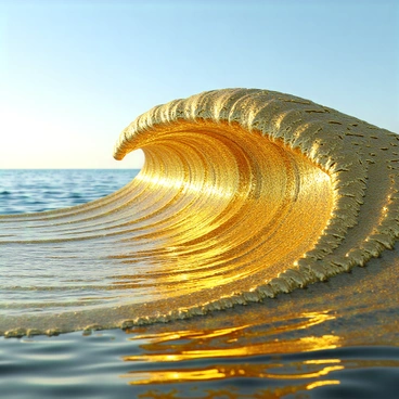 A large wave at sea composed entirely of shimmering gold coins. The coins reflect sunlight, creating a dazzling array of glimmers and sparkles across the surface of the wave. The wave has a dynamic and flowing shape, capturing the motion of water while showcasing the intricate designs and textures of each coin. In the background, the ocean stretches out, with the horizon visible under a clear blue sky.