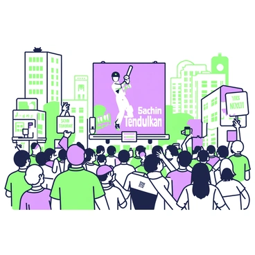 A crowd of fans is gathered in a busy city square, all facing a large billboard featuring "Sachin Tendulkar." Some fans hold banners with messages of support, while others take photos with their smartphones. The billboard displays an image of "Sachin Tendulkar" in action, with bright lights illuminating the advertisement. Surrounding the crowd, there are tall buildings and shops, creating a vibrant urban atmosphere. The fans' expressions reflect excitement and admiration as they engage with the iconic figure on the billboard.