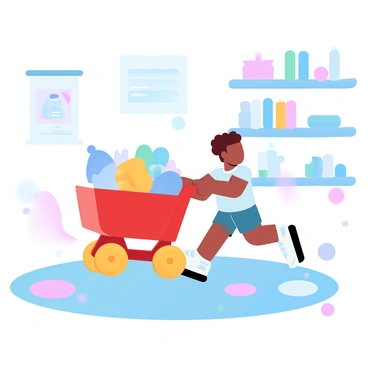 A toddler pushing a bright toy shopping cart in a playroom.