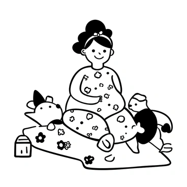 A baby girl seated on a soft blanket, wearing a "bright floral sundress" adorned with various flower patterns. She has a "matching ribbon headband" tied neatly in her hair. Surrounding her are playful stuffed animals and small, colorful blocks scattered on the blanket. The scene captures a light, joyful atmosphere.