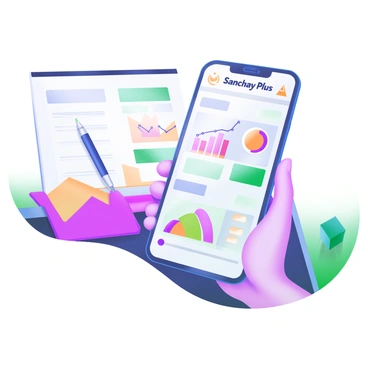 A person holding a smartphone in their hand, engaged in using the "Sanchay Plus" app. The screen of the smartphone displays vibrant financial charts, showcasing colorful line graphs and pie charts that represent various financial data. The person has a focused expression, and the setting includes a desk with a notepad and a pen nearby, adding to the context of financial planning and analysis.