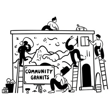 A group of local artists standing on ladders and scaffolding, actively painting a large mural on the side of a building. Various tools such as paintbrushes and buckets are scattered on the ground. The mural showcases a dynamic landscape, filled with abstract shapes and intricate patterns. In the foreground, a large sign indicating "Community Grant Funded" is prominently displayed. The artists are engaged in their work, showing a sense of collaboration and creativity.