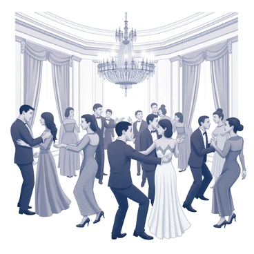 An elegant ballroom filled with guests in formal wear. Men are dressed in sharp black tuxedos, while women are adorned in flowing gowns, many featuring intricate beadwork and lace details. The guests are engaged in lively dancing, their movements graceful and synchronized. Above them, a grand chandelier made of shimmering crystals hangs from the ceiling, casting soft reflections around the room. The walls are decorated with opulent drapes and ornate moldings, enhancing the luxurious atmosphere of the event.
