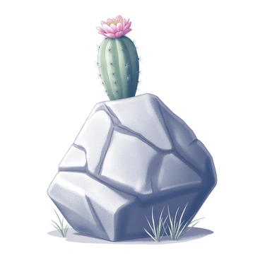 A small cactus is positioned atop a large, rugged rock. The cactus has a single vibrant flower blooming atop its spiny surface, adding a delicate contrast to the rough texture of the stone. The rock is weathered, showcasing various crevices and a rough exterior, while the cactus stands upright, surrounded by a few sparse, dry grasses at its base.