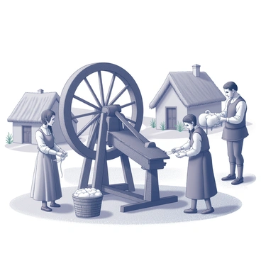 A spinning wheel is positioned in the center of a medieval village scene. The wheel is made of dark wood, showcasing intricate carvings and a large spindle. Surrounding the spinning wheel are several villagers engaged in various activities. One villager, a woman dressed in a long, flowing gown, is seated next to the wheel, skillfully drawing out the fiber into thread. Another villager, a man, stands nearby with a basket of raw wool, ready to feed it into the wheel. In the background, thatched-roof cottages are visible, along with a dirt path lined with small plants. The expressions on the villagers’ faces reflect concentration and teamwork as they work together in their daily tasks.