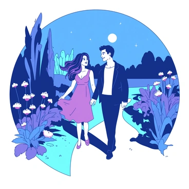 Jo and Laurie are walking side by side along a winding path in a lush garden, illuminated by the soft glow of the moon. Jo is wearing a flowing dress, and her hair is gently blowing in the evening breeze. Laurie, dressed in a smart jacket, is looking at Jo with a warm smile. The garden is filled with vibrant flowers, casting shadows under the moonlight, and there are tall leafy plants lining the path. The moon is bright in the night sky, surrounded by a few scattered stars, casting a serene light over the scene.