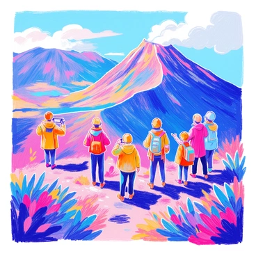 A group of tourists is standing near the edge of a volcano, gazing at the breathtaking landscape. Each tourist is wearing bright colored protective gear, including helmets and jackets. The volcano's jagged rim is visible in the background, with steam rising from its crater. Lush vegetation surrounds the area, and a clear blue sky complements the scene. Some tourists are taking pictures, capturing the moment, while others are pointing and discussing the volcanic features.