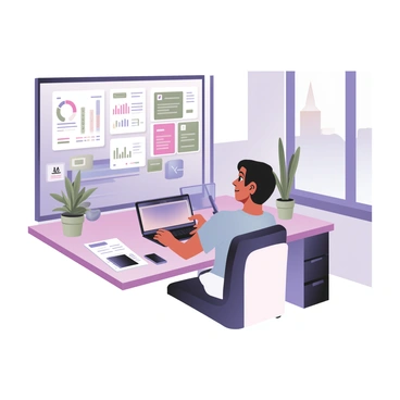 A broker sitting at a sleek, modern desk is using a laptop to compare shipping rates. The broker has medium skin and short black hair, wearing a light blue shirt and dark slacks. The laptop screen displays various shipping rate options in colorful graphs and charts. There are papers scattered on the desk with shipping details, a smartphone resting nearby, and a potted plant in the background. The room has bright lighting, with a large window showing a cityscape outside.