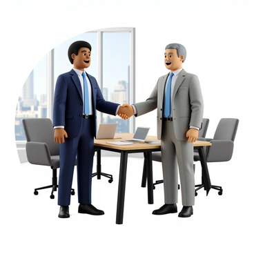 An employee with light brown skin and short curly hair is wearing a navy blue suit and a white shirt. The manager, a middle-aged man with gray hair and wearing a light gray suit with a blue tie, stands opposite him. They are shaking hands firmly with expressions of satisfaction and relief on their faces. The background features a modern office setting, including a wooden conference table and a large window showing a cityscape. A few documents and a laptop are placed on the table, indicating a professional atmosphere.
