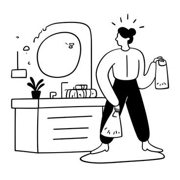 A patient standing in a bright, well-lit bathroom, looking into a mirror. The bandages are neatly placed on the bathroom counter, and the patient has a relaxed posture. They are wearing a comfortable robe, and the reflection shows the patient gazing at their own face in the mirror, with hints of excitement evident in their body language. There are soft towels hanging nearby, and a small potted plant on the counter adds a touch of warmth to the environment.