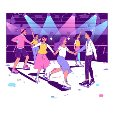 A group of people are gliding and twirling on a roller skating rink. The rink is illuminated by vibrant disco lights that create a lively atmosphere. Skaters of various ages are dressed in colorful outfits, showcasing their skills as they perform spins and jumps. The floor of the rink has a shiny surface that reflects the bright lights overhead. Some skaters are holding hands while others are enjoying the music and dancing. The energy of the scene is captured in the joyful expressions on their faces.