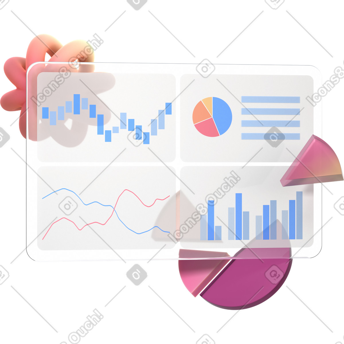 Analytics interface with floating geometric shapes illustration in PNG, SVG