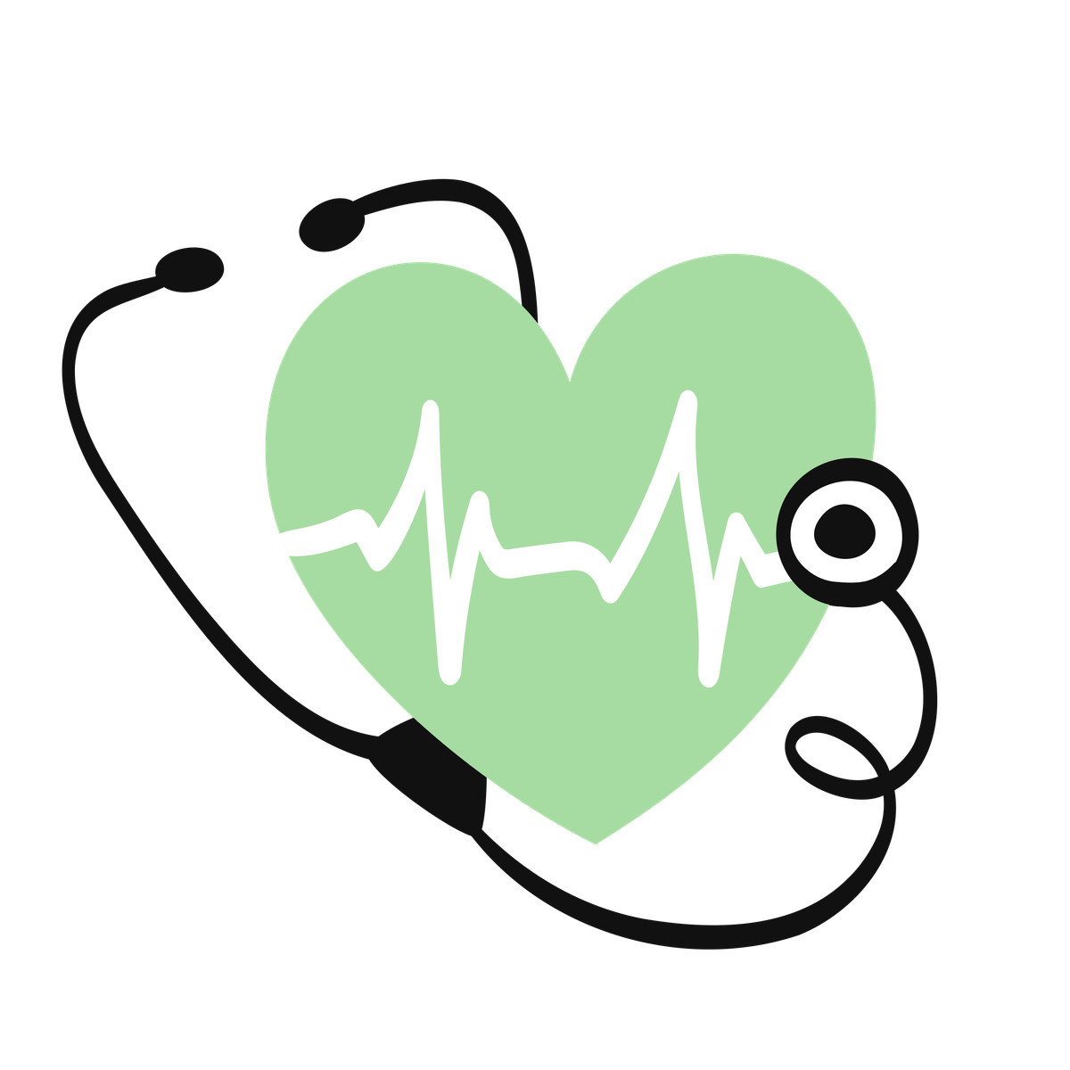 Ilustración Stethoscope surrounding green heart with white cardiogram pulse line en estilo Organic a descargar en PNG y SVG
