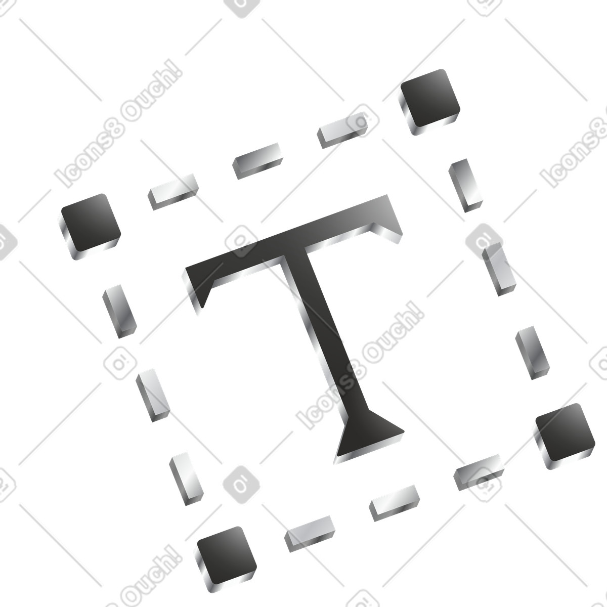 Ilustración Metallic text tool with letter T and dashed selection border en estilo Token a descargar en PNG y SVG