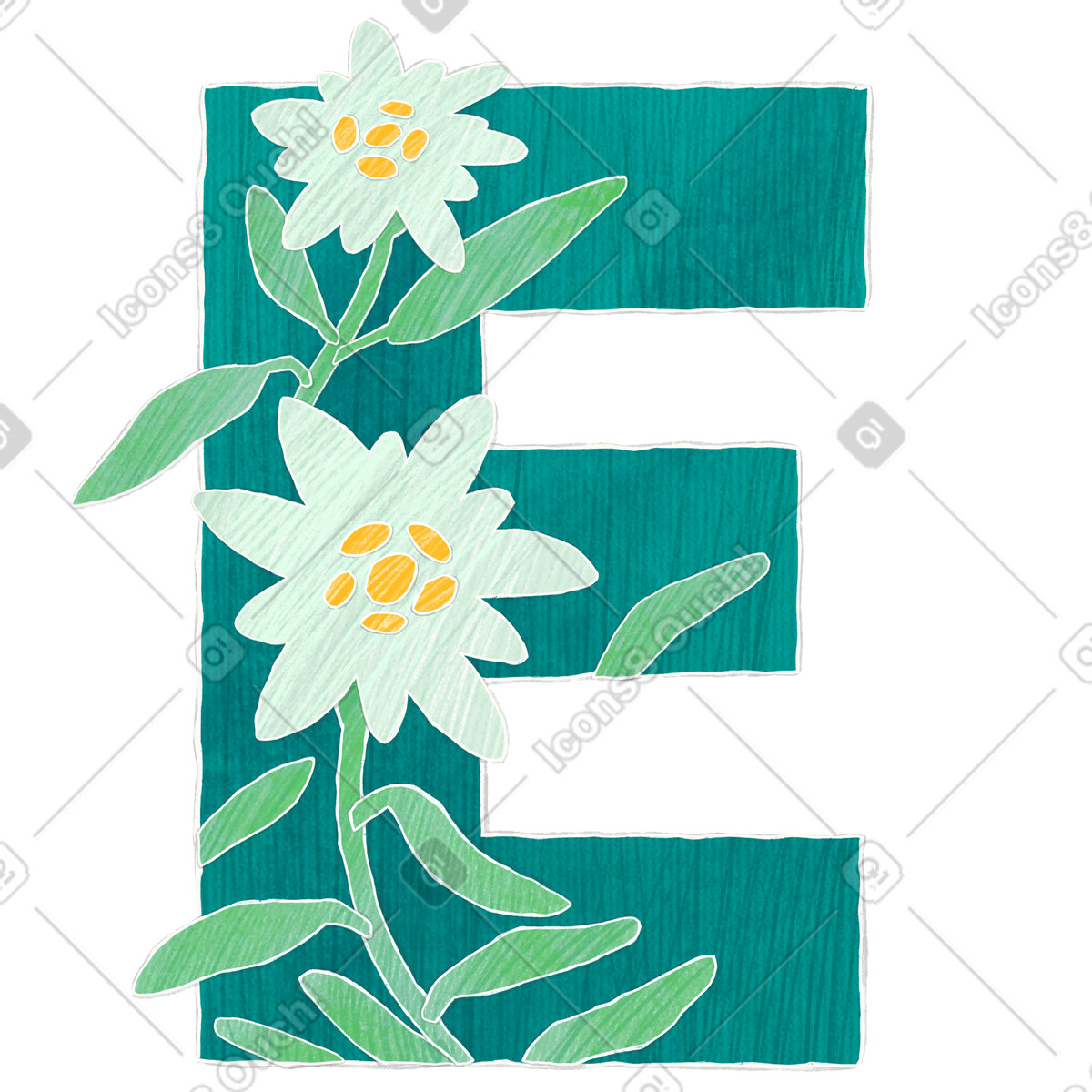 Large green letter e with edelweiss flowers illustration in Crafty style download in PNG, SVG