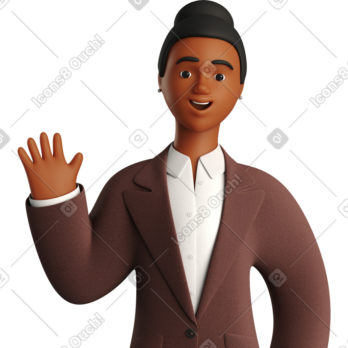 3D Business 스타일의 Black businesswoman in brown suit waving hello 일러스트레이션 PNG, SVG 다운로드