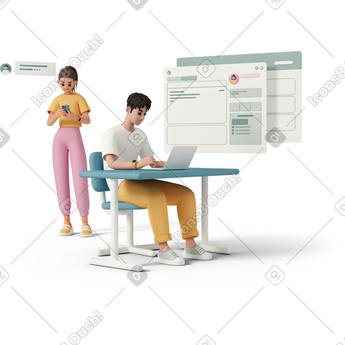 下载 3D Casual life 风格的 Man woman chatting with speech bubble and web browser windows 插画，支持 PNG、SVG 格式