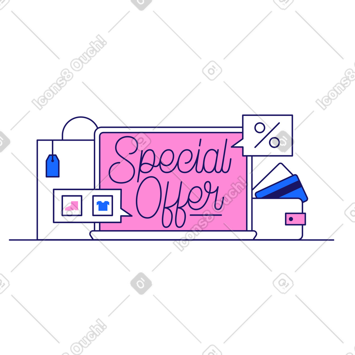 Lettering offerta speciale con laptop e shopping bag illustrazione in stile Matey scarica in PNG, SVG