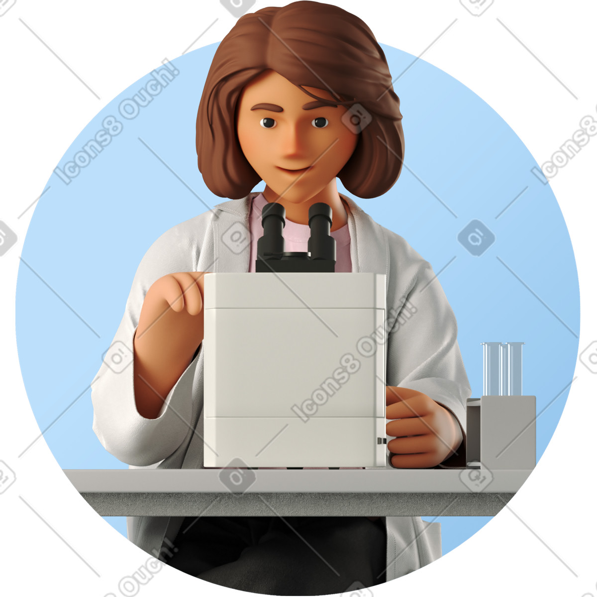 Female scientist working with microscope illustration in 3D Business style download in PNG, SVG