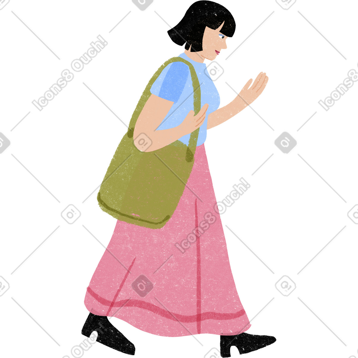 Ilustração de Girl in a skirt walking while looking at her hand em no estilo Public para baixar em PNG, SVG