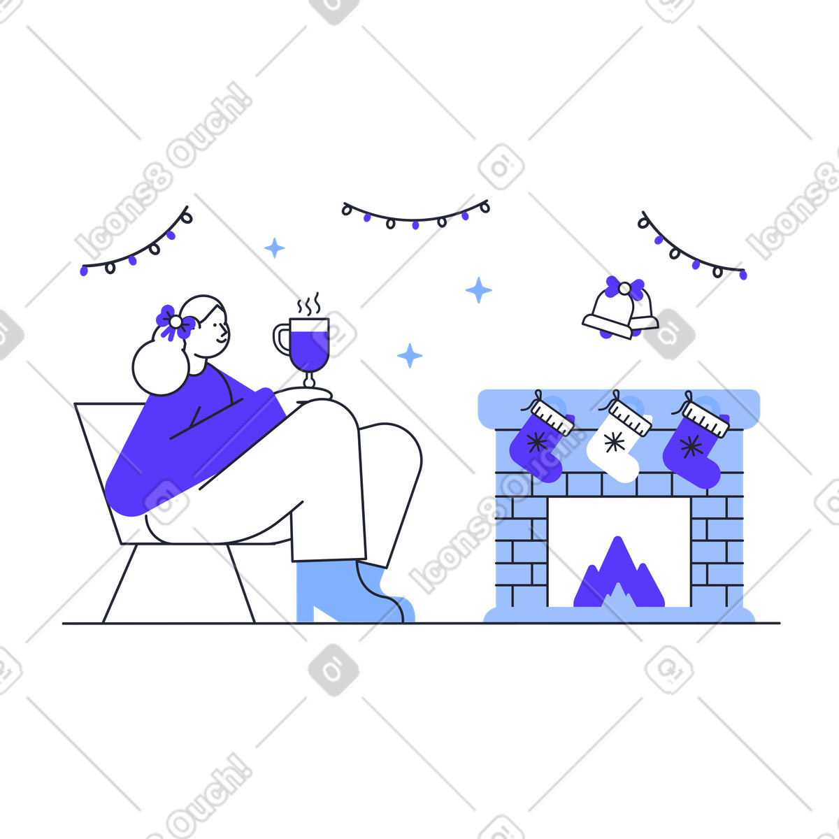 Ilustración Mujer sentada con bebida caliente cerca de la chimenea navideña en estilo Pablita a descargar en PNG y SVG