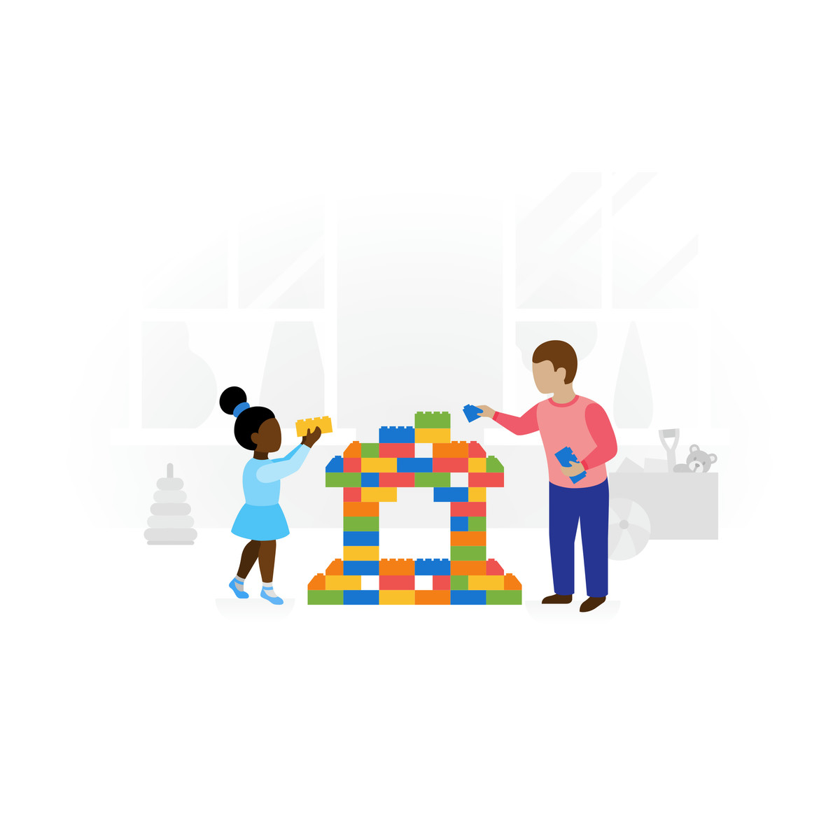 Illustration Two children playing with building blocks, Imaginative play and development dans le style Fogg à télécharger aux formats PNG, SVG