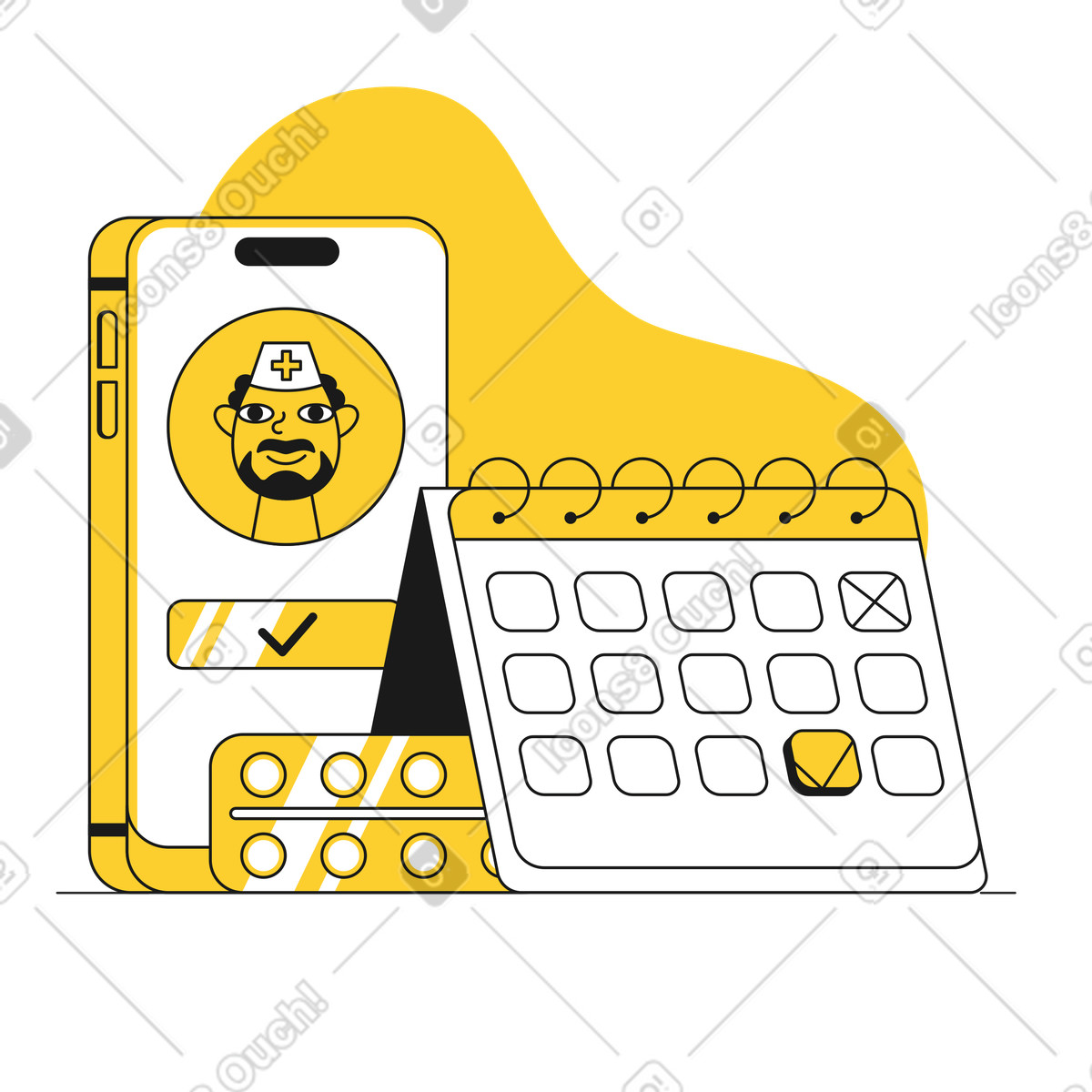 Illustration Calendrier et smartphone avec rendez-vous médical dans le style Taxi à télécharger aux formats PNG, SVG