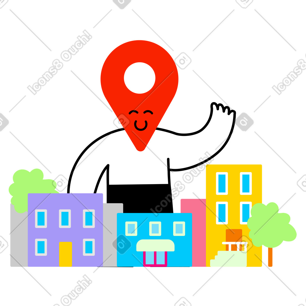 Location pin character standing among town buildings illustration in Giggle style download in PNG, SVG