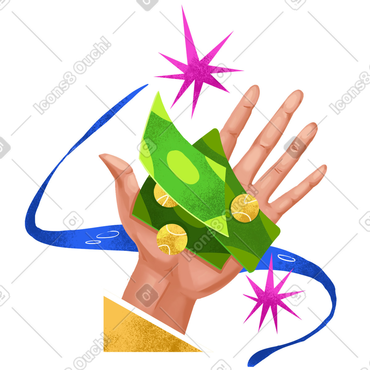 Hand holding banknotes and coins-Illustration im Flare-Stil als Download in PNG, SVG