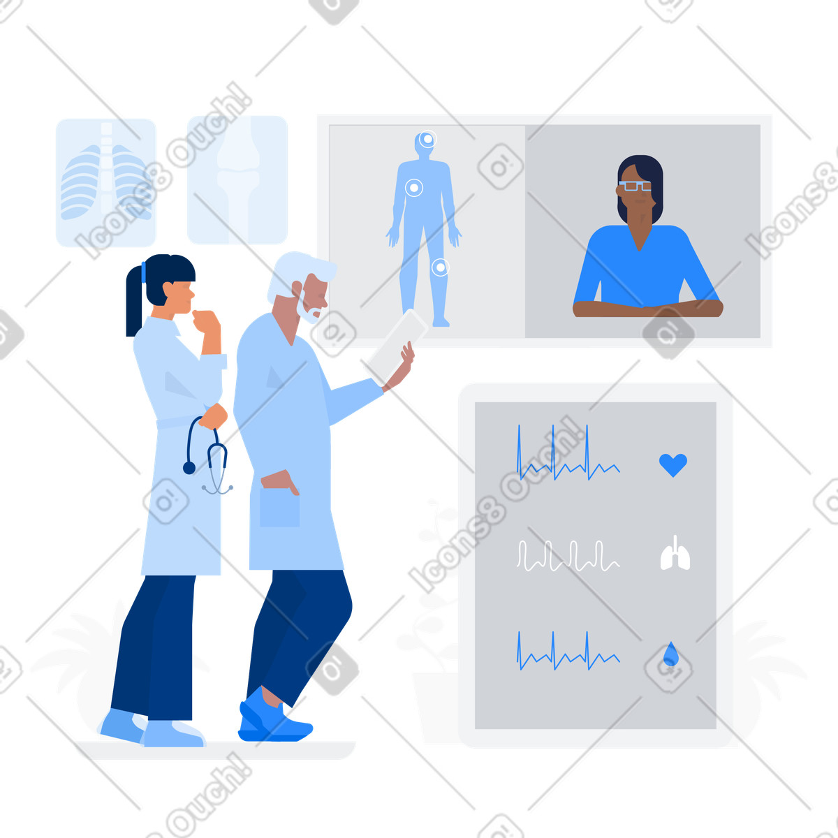 Medizinische ferndiagnose durch telemedizin animierte Illustration im Urban-Stil als Download in GIF, Lottie (JSON), AE