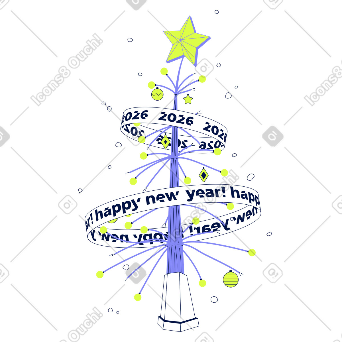 Glow スタイルの 「happy new year 2026」の文字が入ったサイバークリスマスツリー のイラストをPNG、SVG形式でダウンロード