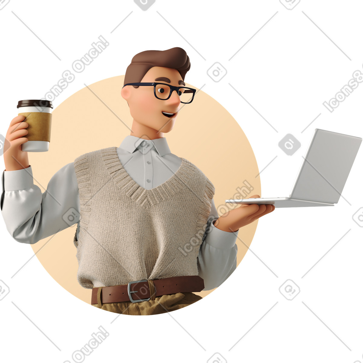 Avatar of young man holding coffee and laptop-Illustration im 3D Business-Stil als Download in PNG, SVG