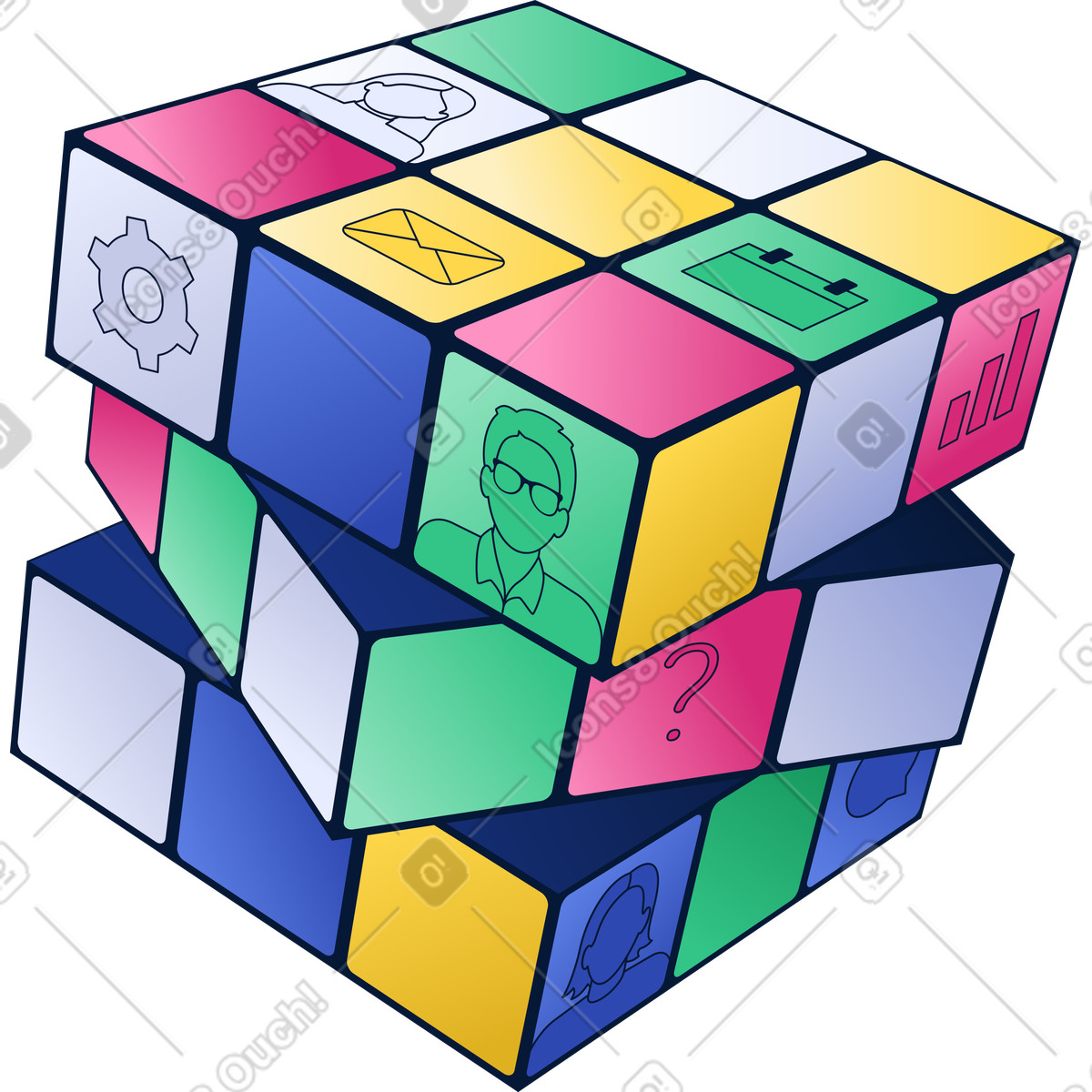 Cubo di rubik con icone aziendali illustrazione in stile Neat scarica in PNG, SVG