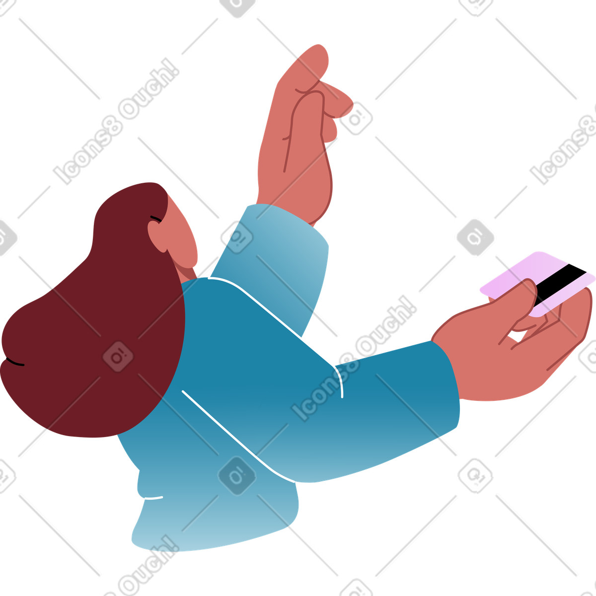 Frau mit einer bankkarte in der hand, seitenansicht-Illustration im Airy-Stil als Download PNG, SVG